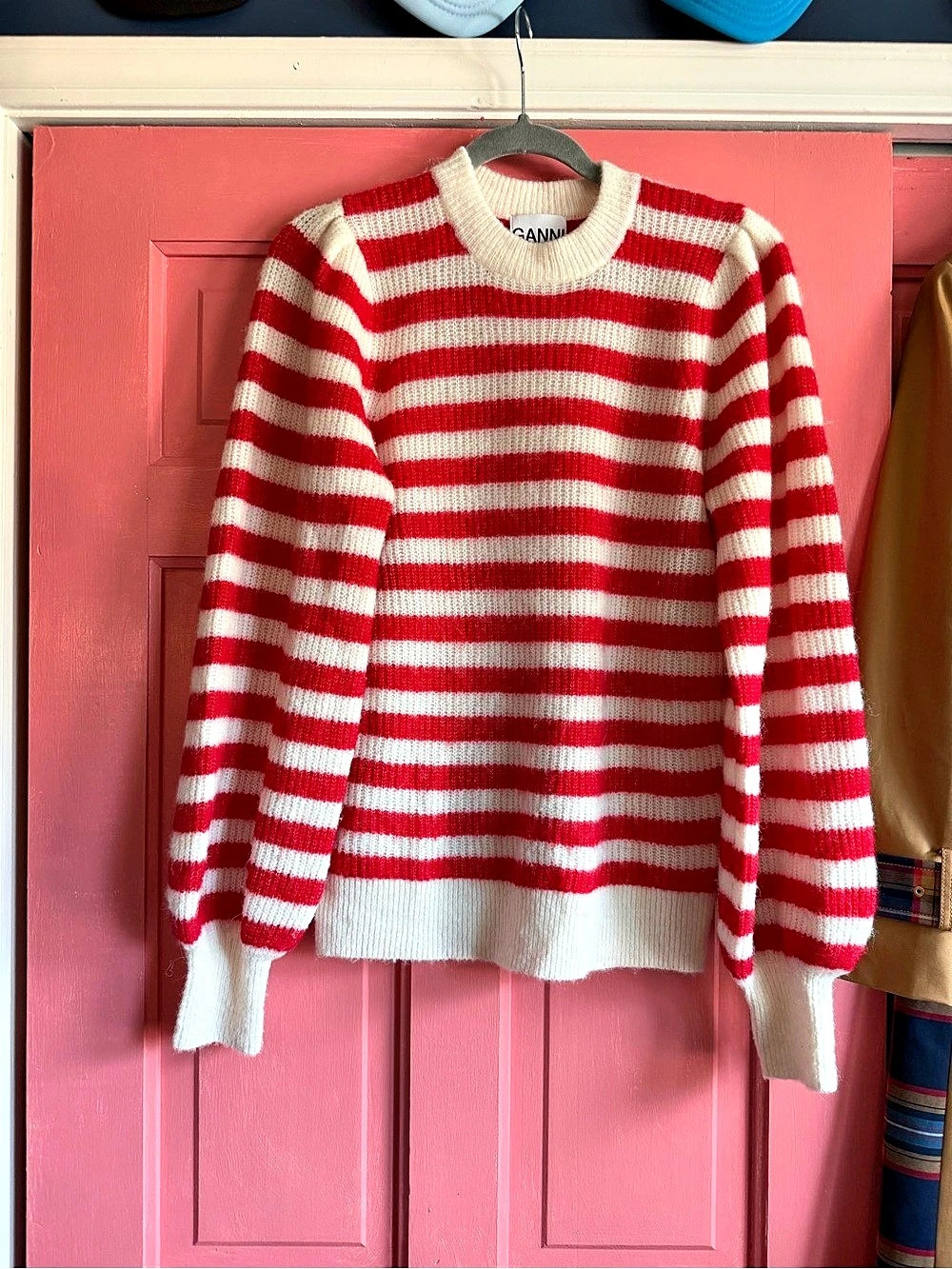 GANNI Striped Knitted Jumper Striped Wool Sweater in Red & White Size Small